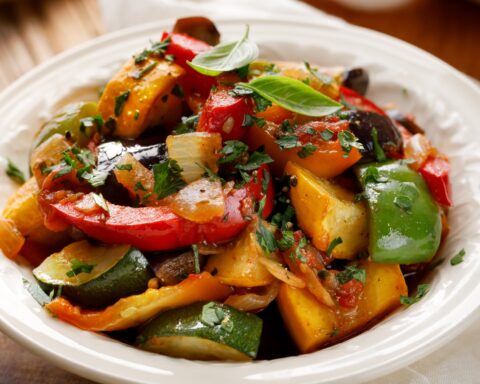 Рататуй с кабачками, баклажанами и перцами на сковороде