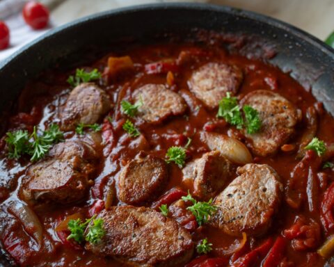 Ужин из свиной вырезки с овощным соусом