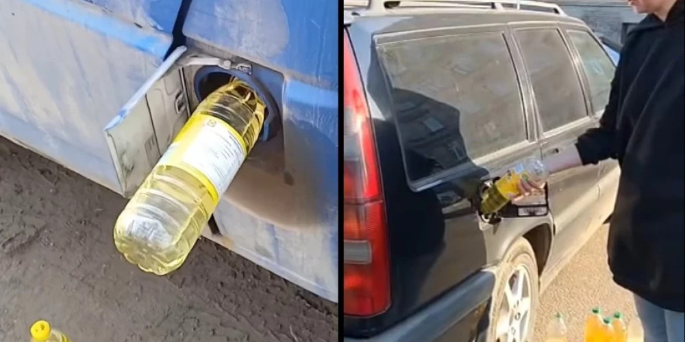 Латвийский водитель экономит на топливе, заправляясь магазинным маслом