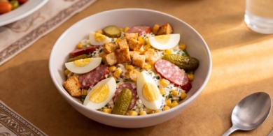 Салат из колбасок, яиц и огурцов готовится за 20 минут