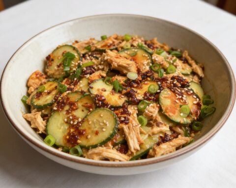 Тайский салат с курицей, огурцами и зелёным луком