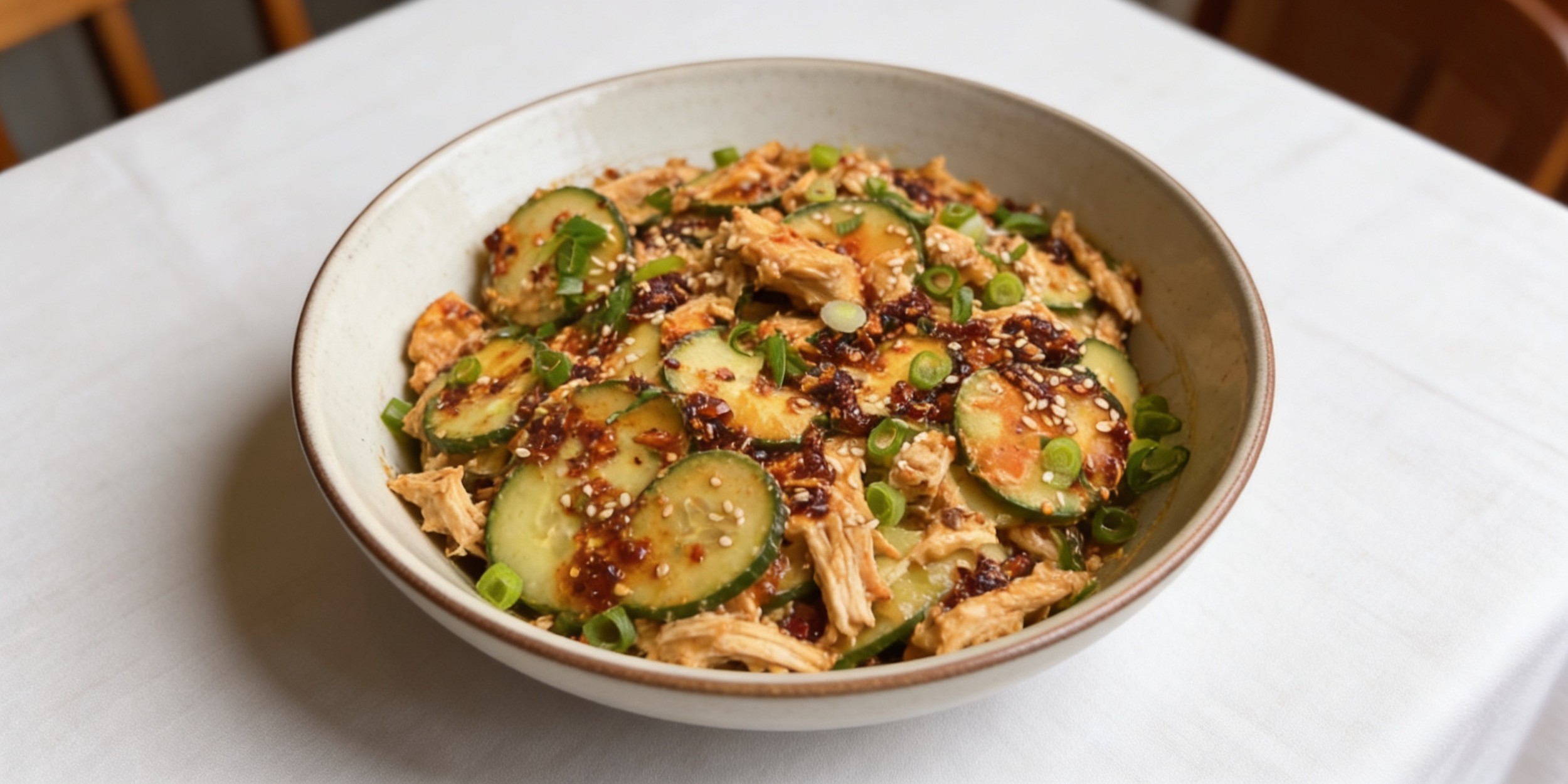 Тайский салат с курицей, огурцами и зелёным луком