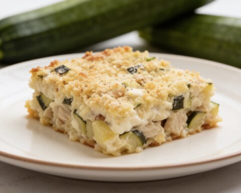 Белковая запеканка из кабачков с курицей, творогом и сыром