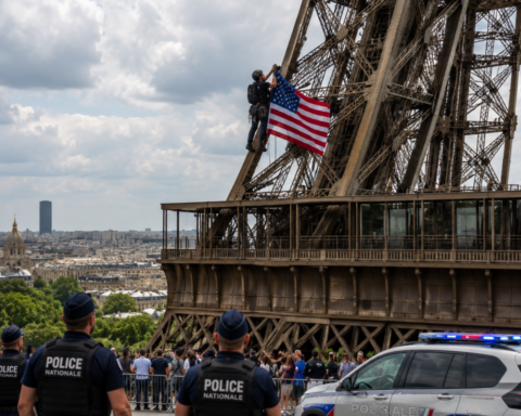 Мужчина задержан за вывешивание флага США на Эйфелевой башне в Париже