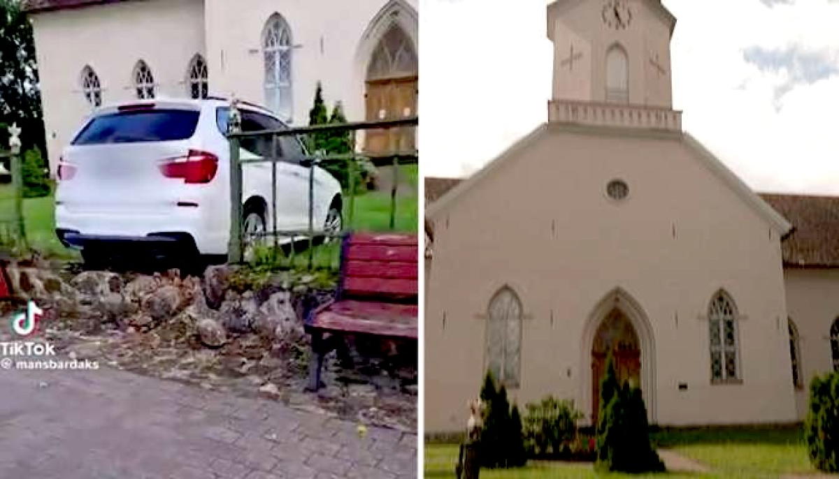 Женщина на BMW врезалась в ограду церкви в Смилтене, находясь в состоянии алкогольного опьянения