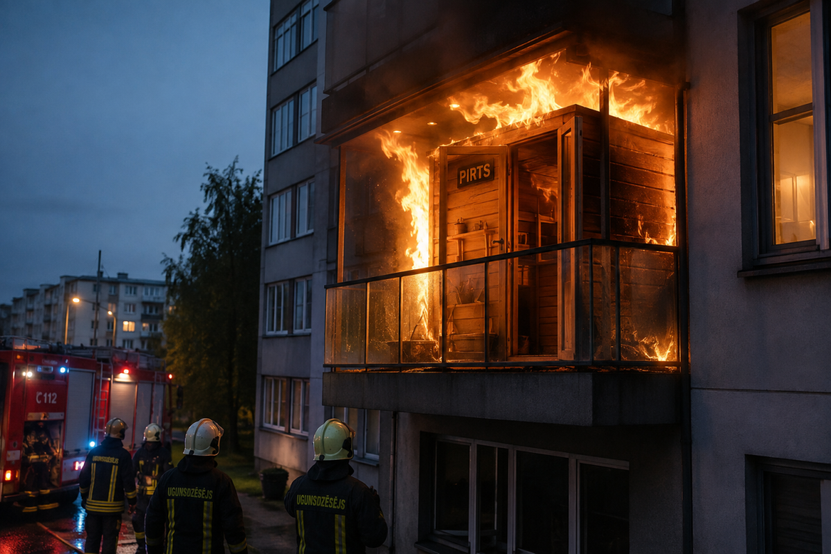 В Риге пожар на балконе шестиэтажного дома: люди не пострадали