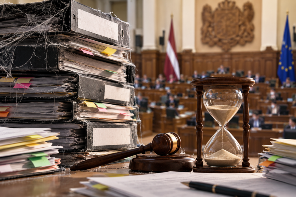Песочные часы, молоток и стопки папок на фоне зала парламента Латвии