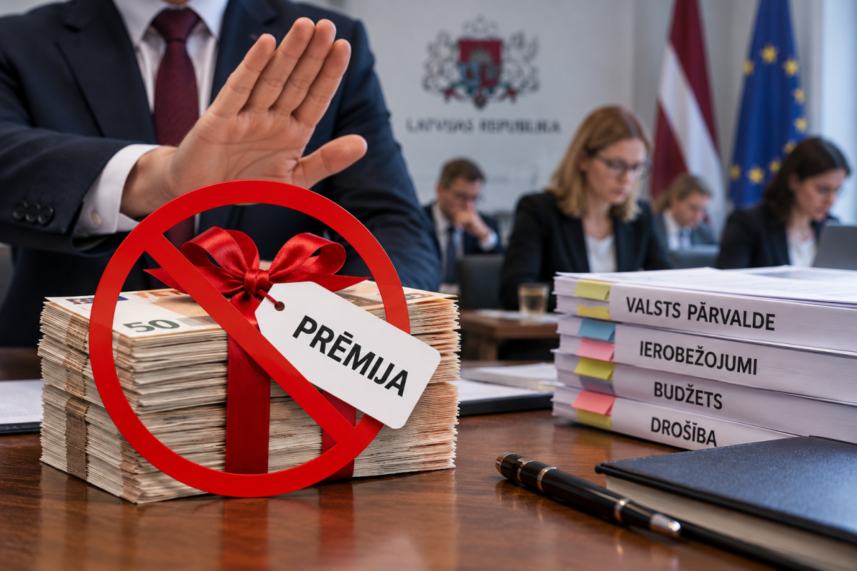 Иллюстрация с пачкой денег, перечёркнутой знаком запрета и биркой «премия», на фоне чиновников и папок с документами.