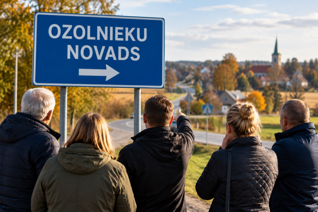 Люди стоят у дорожного знака «OZOLNIEKU NOVADS» в сельской местности.
