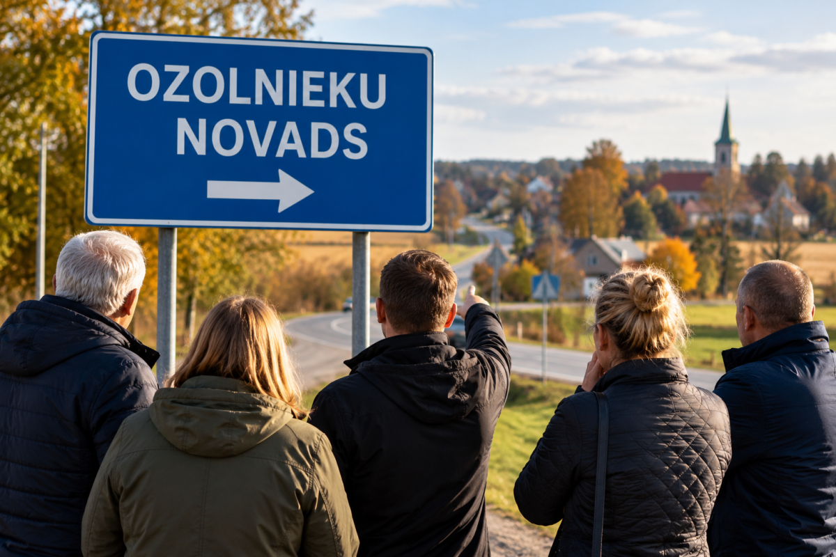 Люди стоят у дорожного знака «OZOLNIEKU NOVADS» в сельской местности.