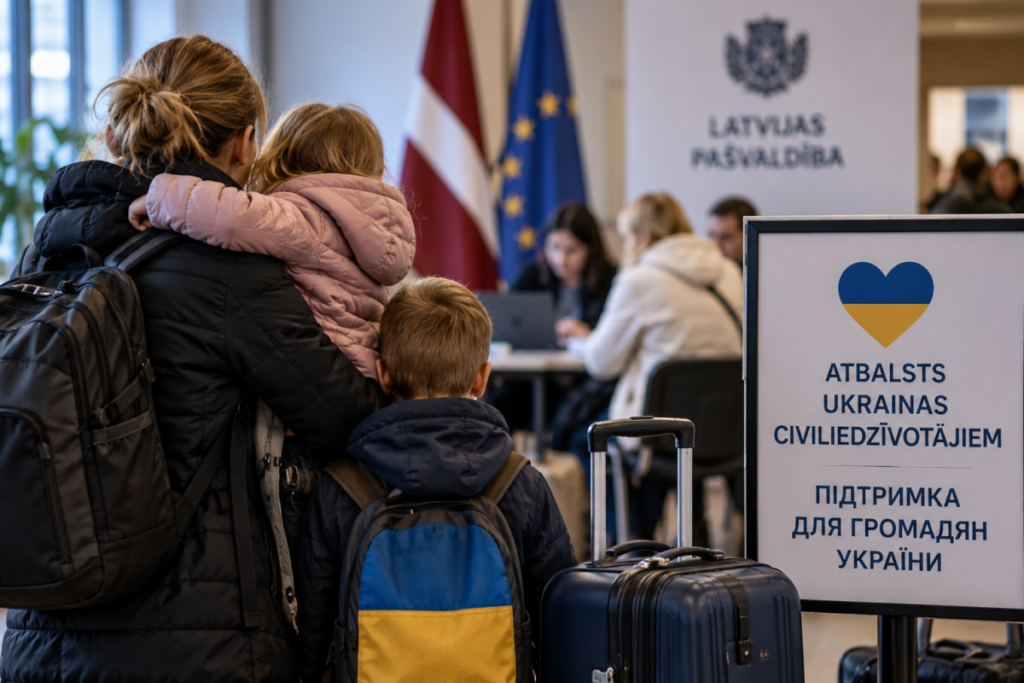 Украинская семья с детьми и багажом у стойки помощи в здании с латвийской и европейской символикой.