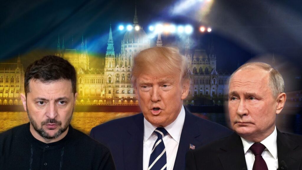 Коллаж с портретами Владимира Зеленского, Дональда Трампа и Владимира Путина на фоне здания парламента.
