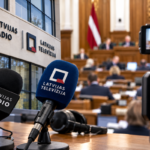 Микрофоны Latvijas Radio и Latvijas Televīzija на фоне зала заседаний Сейма Латвии.