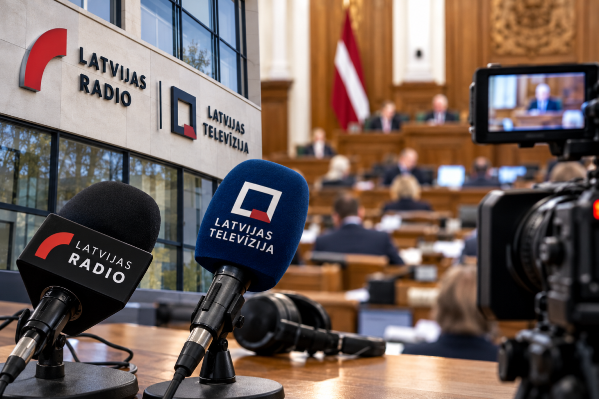 Микрофоны Latvijas Radio и Latvijas Televīzija на фоне зала заседаний Сейма Латвии.