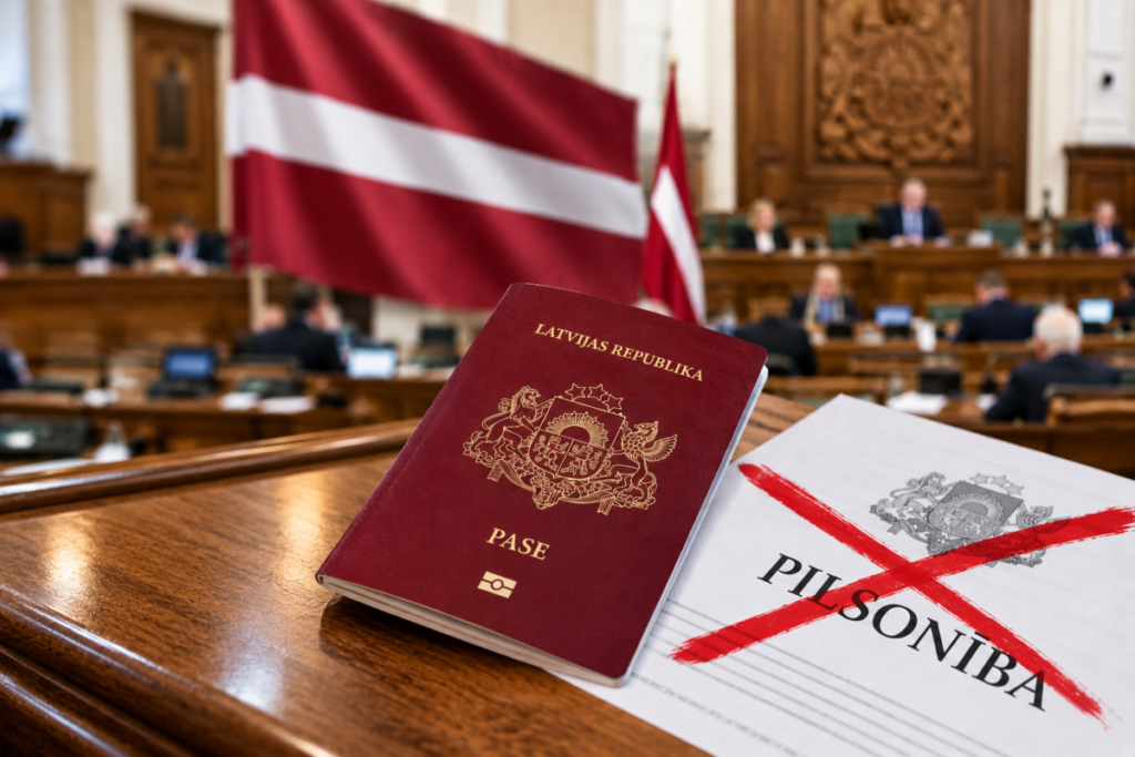 Latvian parliament chamber with a Latvian passport and a crossed-out citizenship document in the foreground.