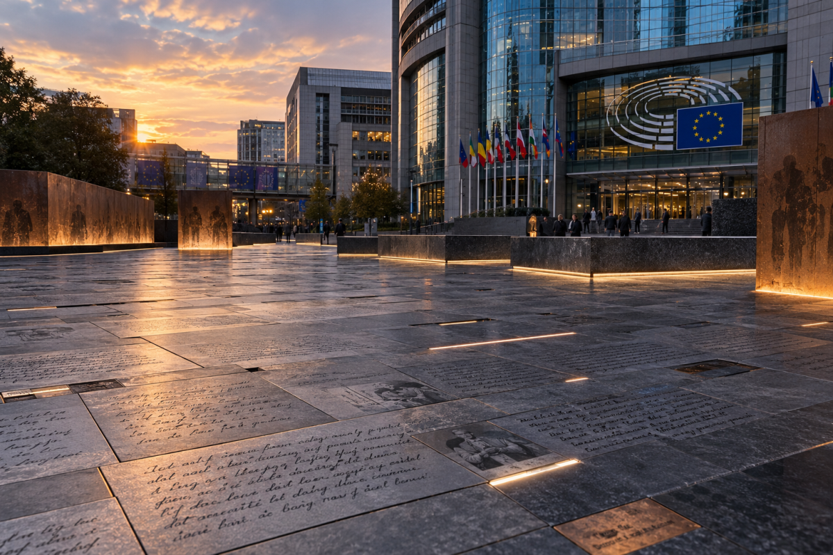 Площадь у здания Европарламента в Брюсселе на закате, с флагами ЕС и мемориальными плитами на мощёной поверхности.