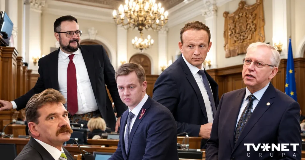 Несколько латвийских депутатов стоят в зале парламента.