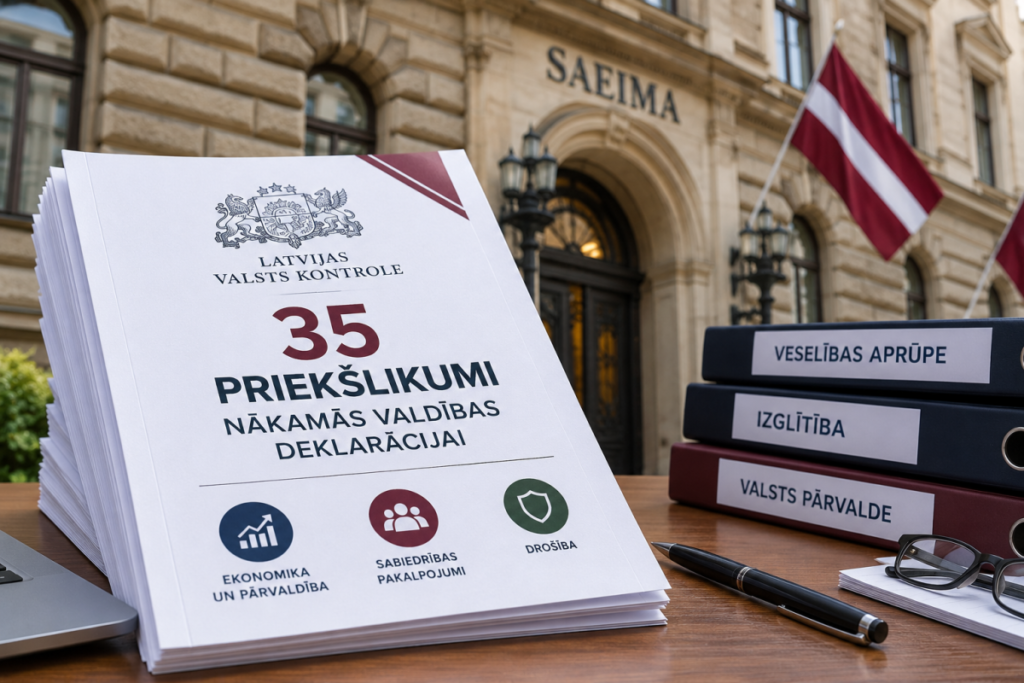 Папка с документом Государственного контроля Латвии перед зданием Сейма в Риге, рядом видны папки с темами здравоохранения, образования и госуправления.