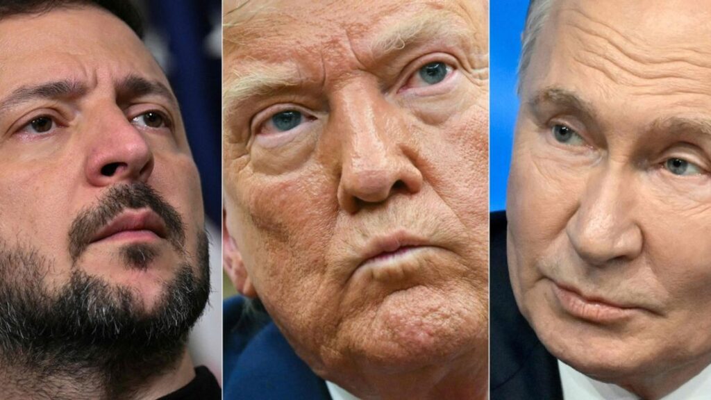 Коллаж с крупными портретами Владимира Зеленского, Дональда Трампа и Юрия Ушакова.