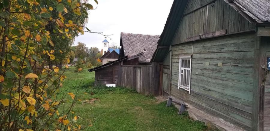 Деревянные дома в сельской местности у зелёного двора, на заднем плане видна башня церкви.