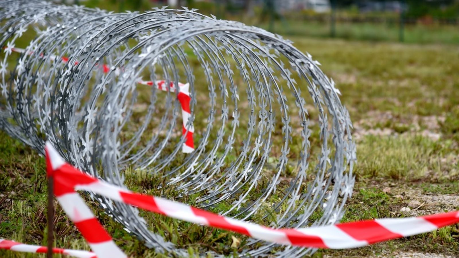 Рулоны колючей проволоки на траве, огражденные красно-белой предупреждающей лентой.