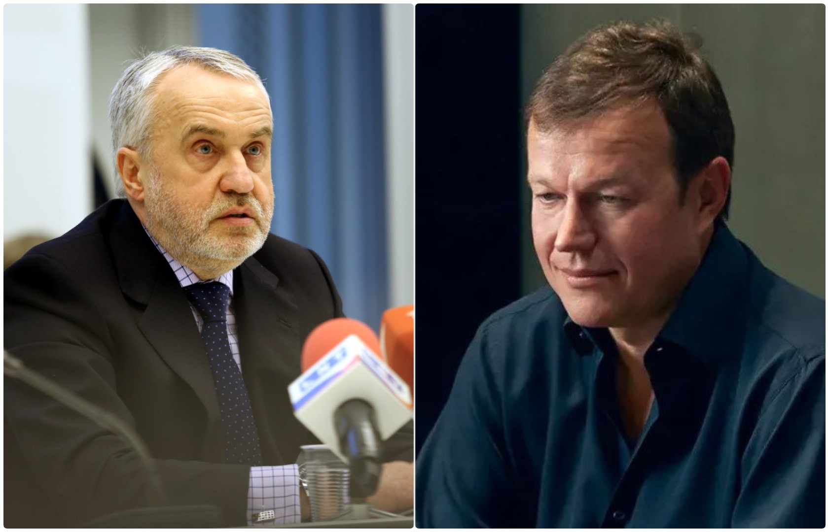 Два мужчины на коллаже: пожилой мужчина в костюме за столом с микрофонами и мужчина в темной рубашке.