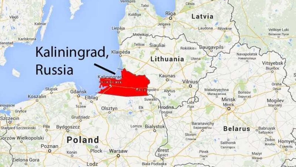 Карта Литвы и Калининградской области России с выделенным красным участком у границы.