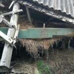 Старый деревянный сарай с потрескавшейся волнистой шиферной крышей.