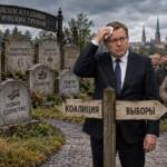 Мужчина в костюме стоит на фоне стилизованного «кладбища политических трупов» с табличками и надписью о коалиции и выборах.