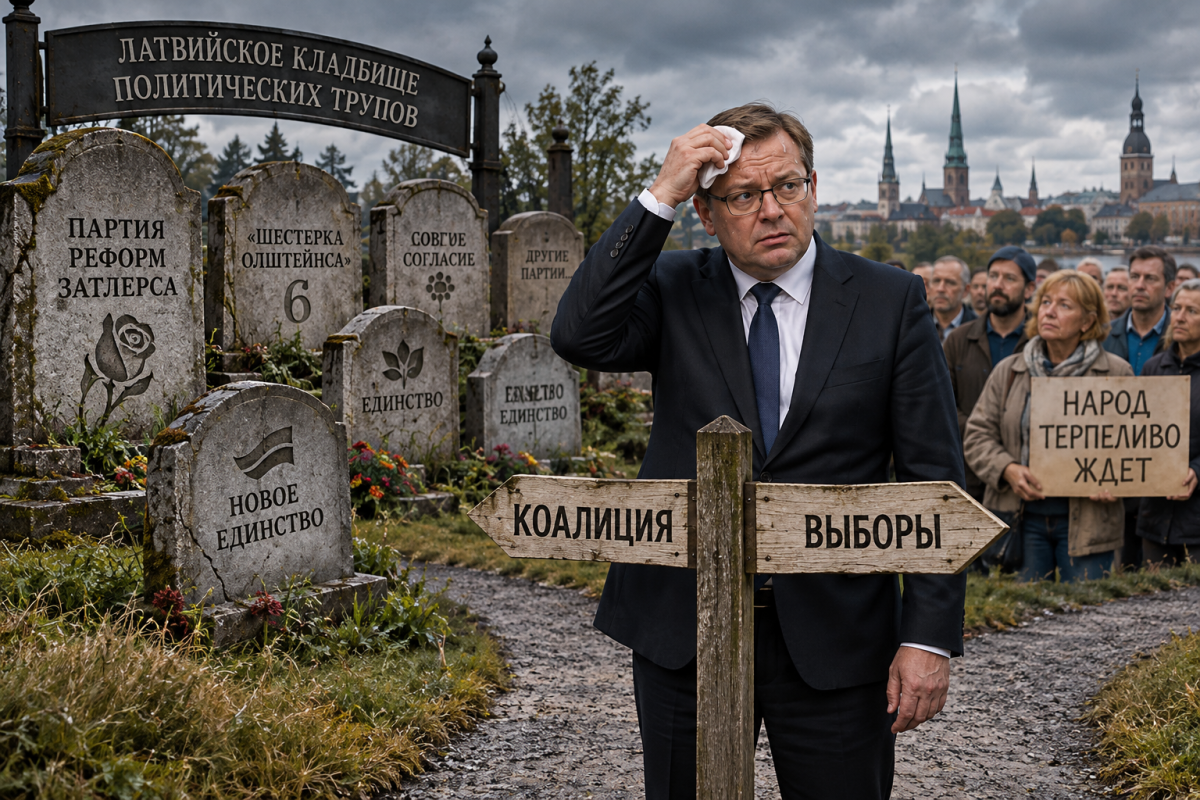 Мужчина в костюме стоит на фоне стилизованного «кладбища политических трупов» с табличками и надписью о коалиции и выборах.